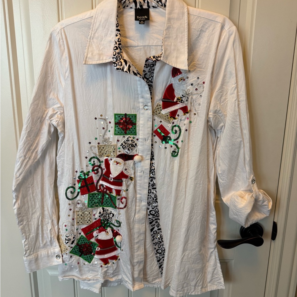 Berek Christmas White Festive Shirt with Santa and Gifts